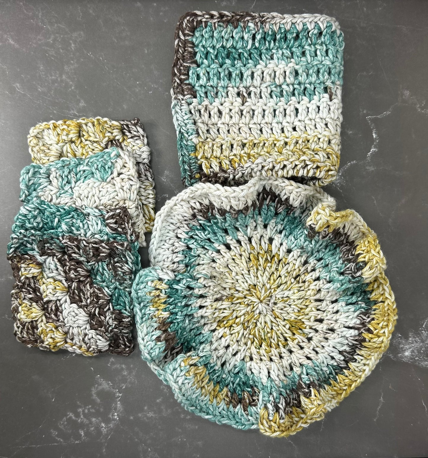 Handmade Crochet Dishcloth, Trivet & Coaster Set – Eco-Friendly Kitchen Essentials ~ Emerald Pi