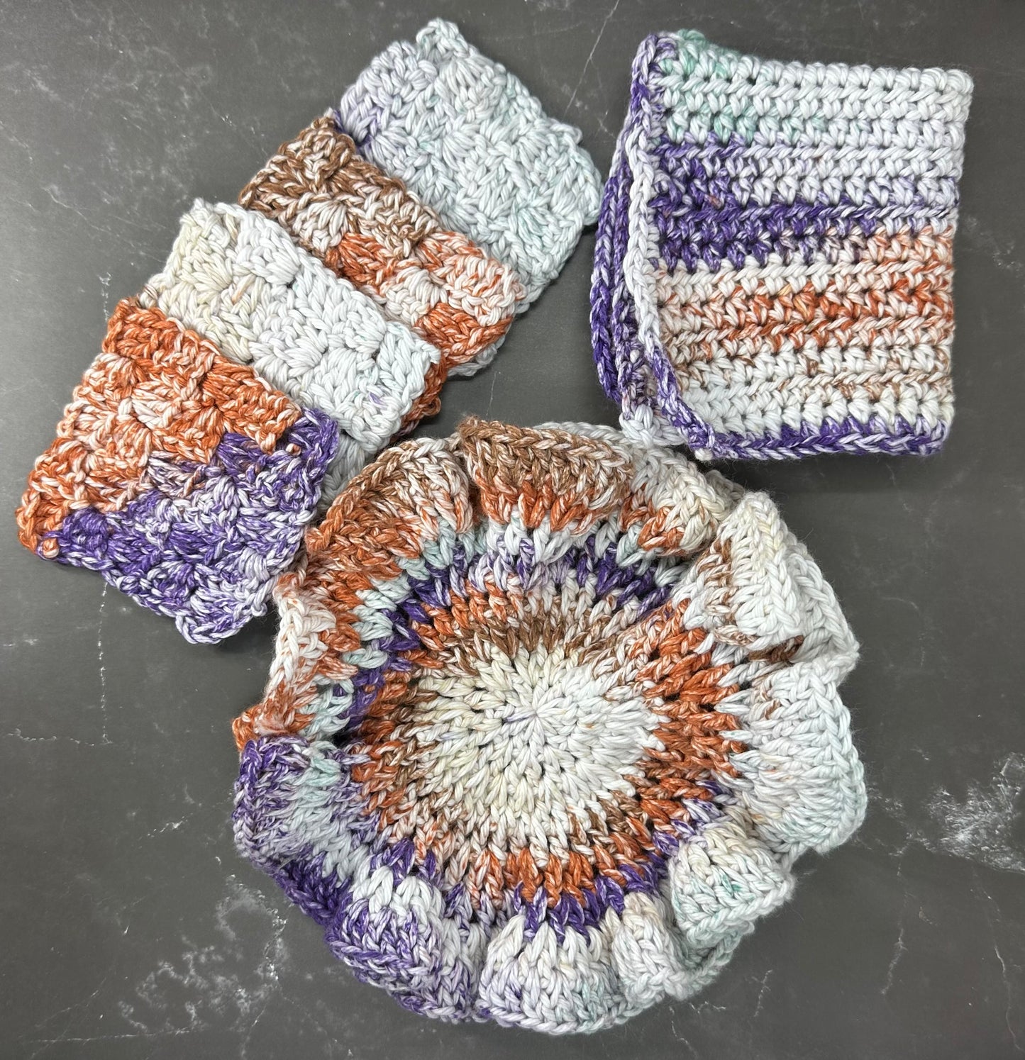 Handmade Crochet Dishcloth, Trivet & Coaster Set – Eco-Friendly Kitchen Essentials ~ Sunsetting