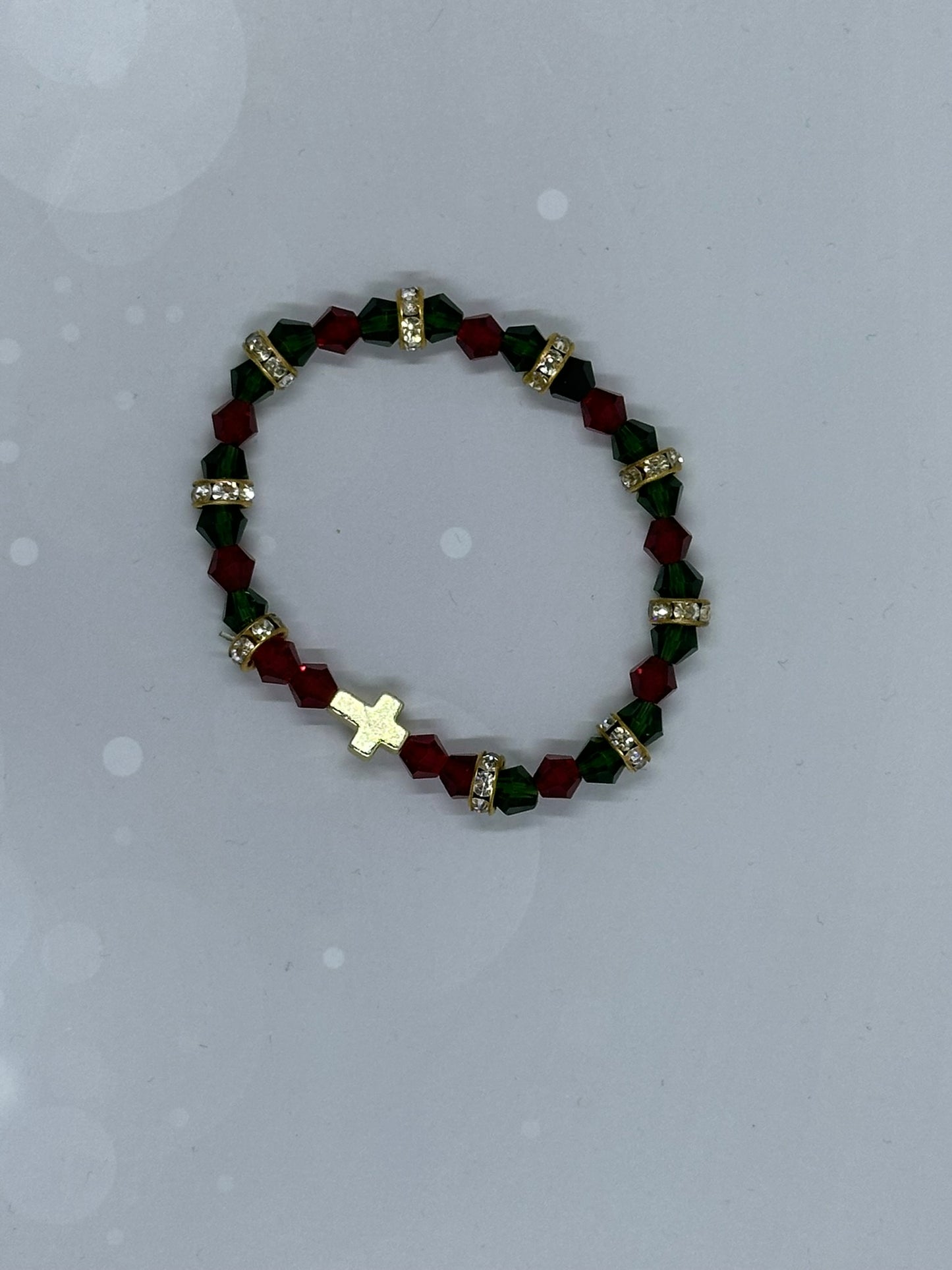 Red & Green Crystal Bracelet with Gold Cross Charm
