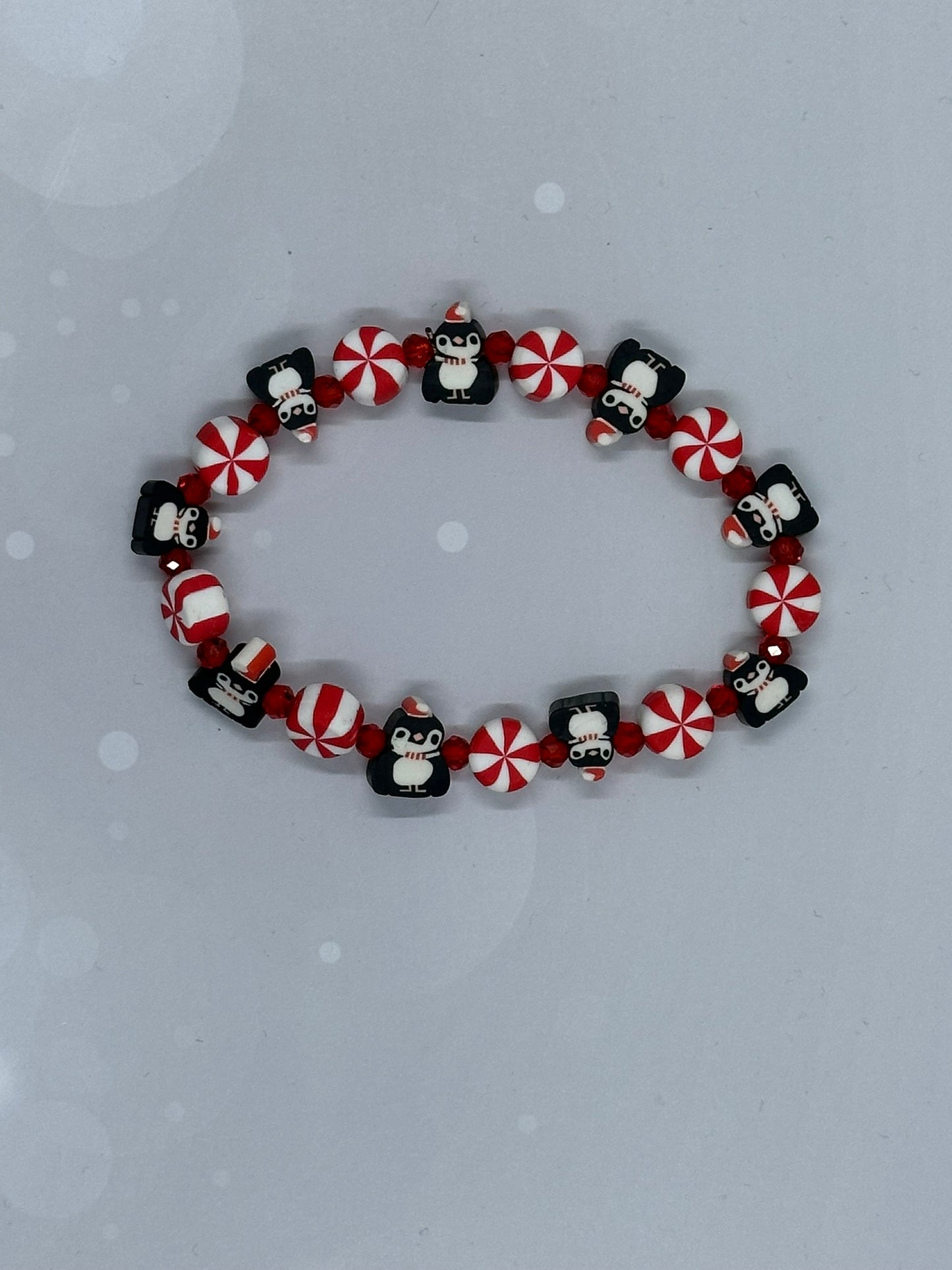 Peppermint & Penguin Holiday Beaded Bracelet