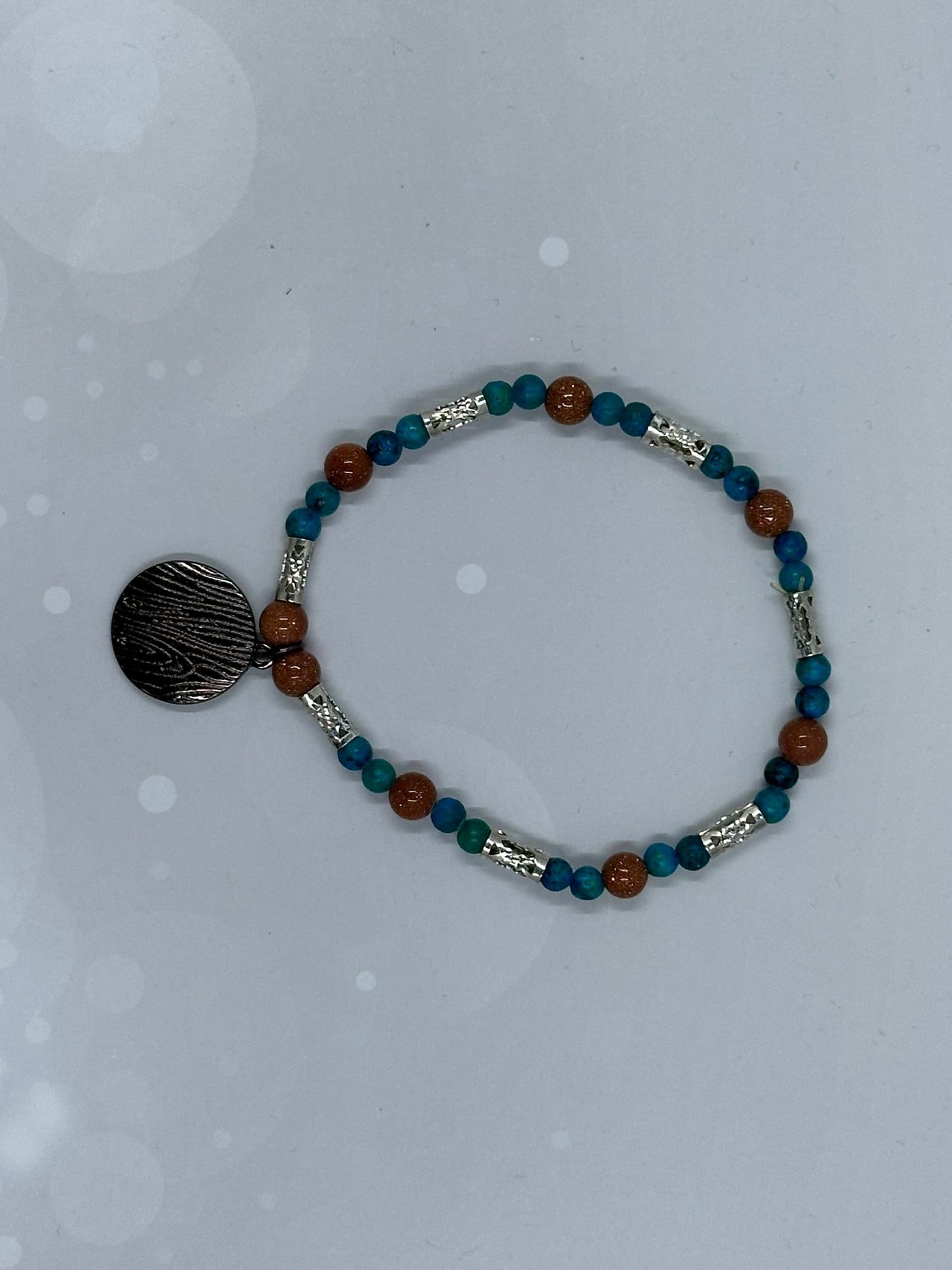 Handmade Turquoise (4mm) and Goldstone Beaded Bracelet with Silver Accents and Charm