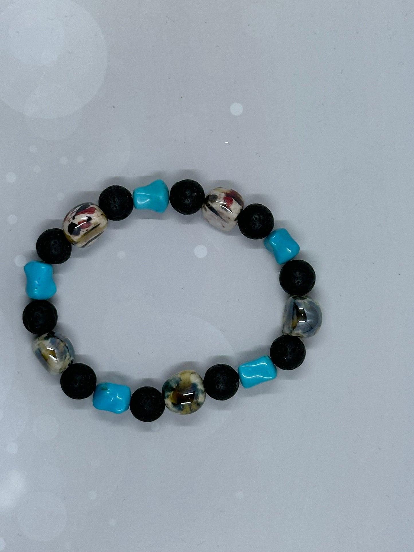 Handmade Lava Stone (8mm) & Turquoise Beaded Bracelet with Ceramic Accents
