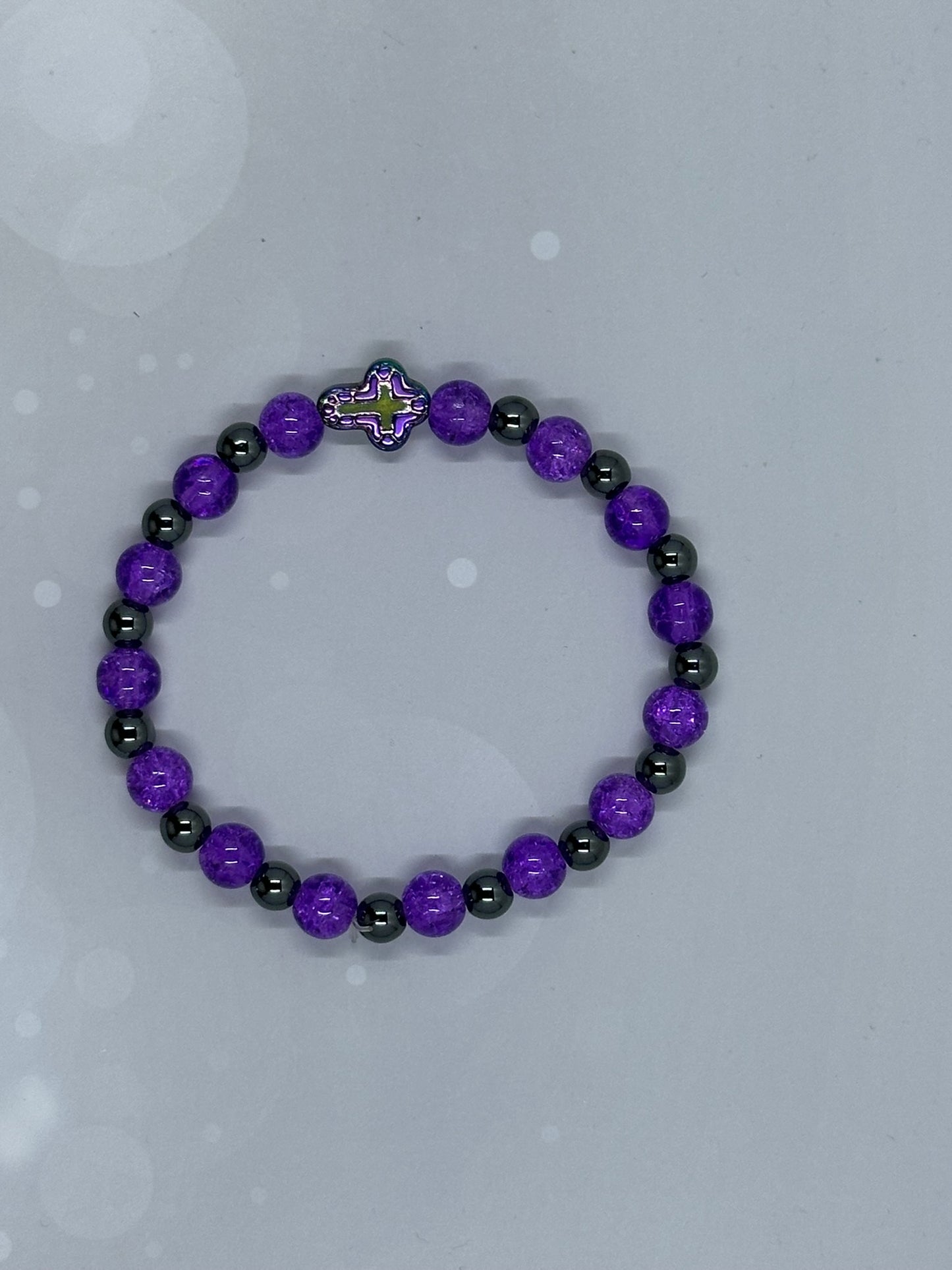 Purple Crackle Quartz (8mm) & Hematite(6mm) Bracelet – Quatrefoil Cross Charm Healing Jewelry