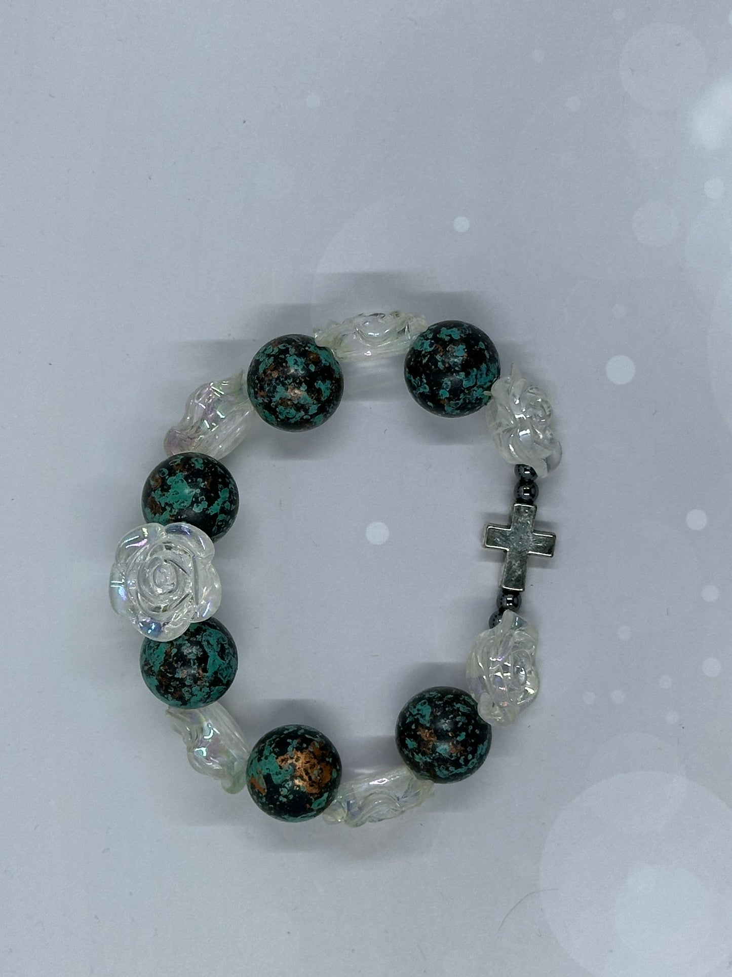Turquoise-Style Gemstone Bracelet with Carved Crystal Roses and Silver Cross Accent