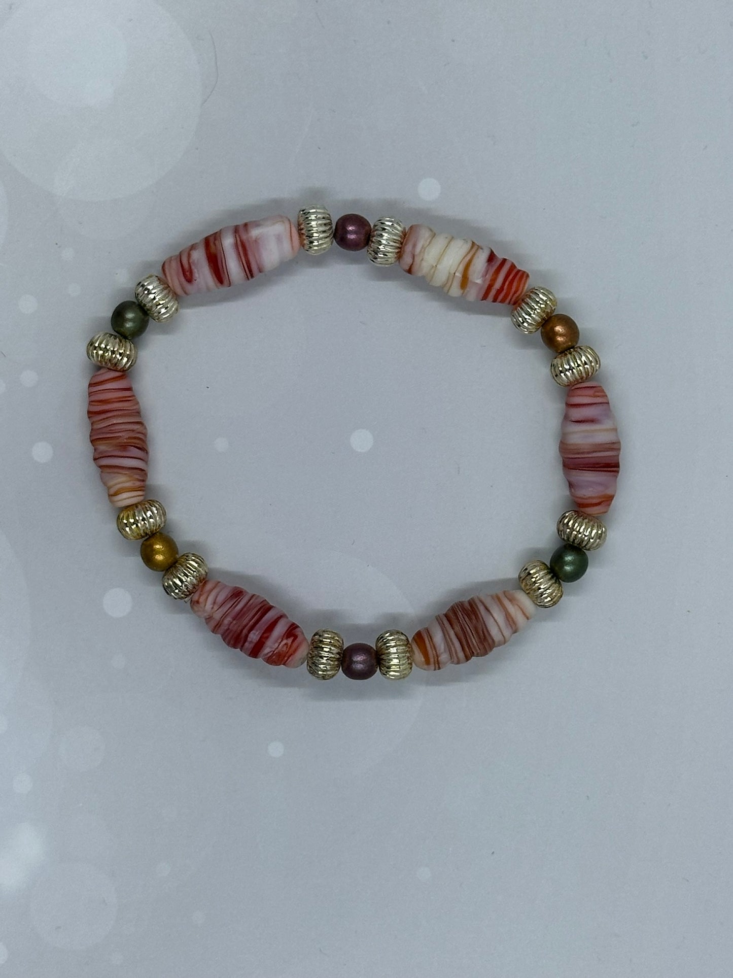 Striped Agate-Style Beaded Bracelet with Silver and faux Pearl Accents – Handmade Jewelry