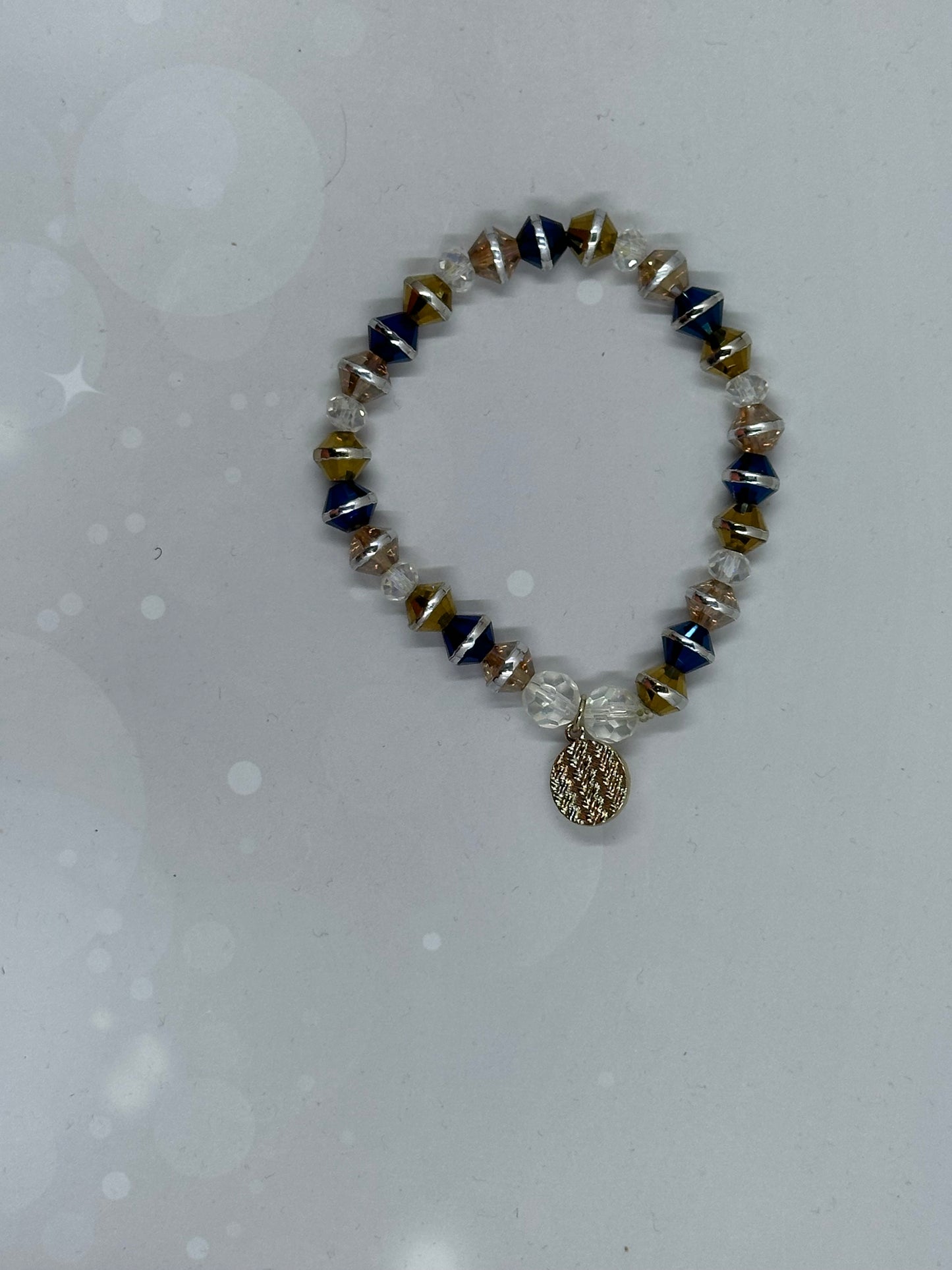 Handmade Crystal Beaded Stretch Bracelet with Gold Charm – Elegant Navy & Champagne Tones