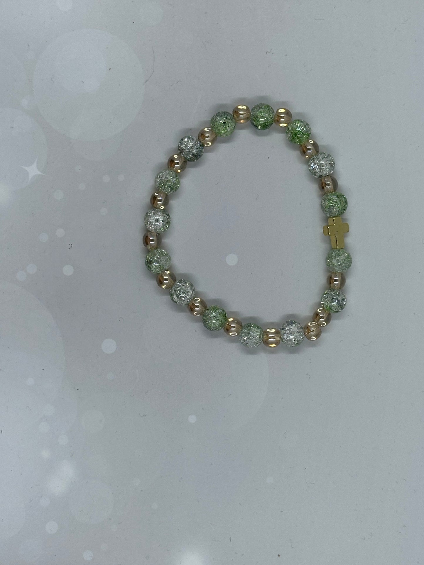 Elegant Green & Gold Beaded Bracelet with Crackle Glass and Cross Charm
