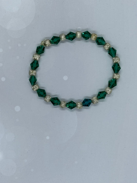 Elegant Green Crystal & Silver Accent Stretch Bracelet