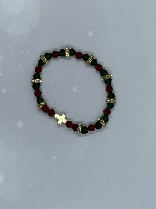 Red & Green Crystal Bracelet with Gold Cross Charm