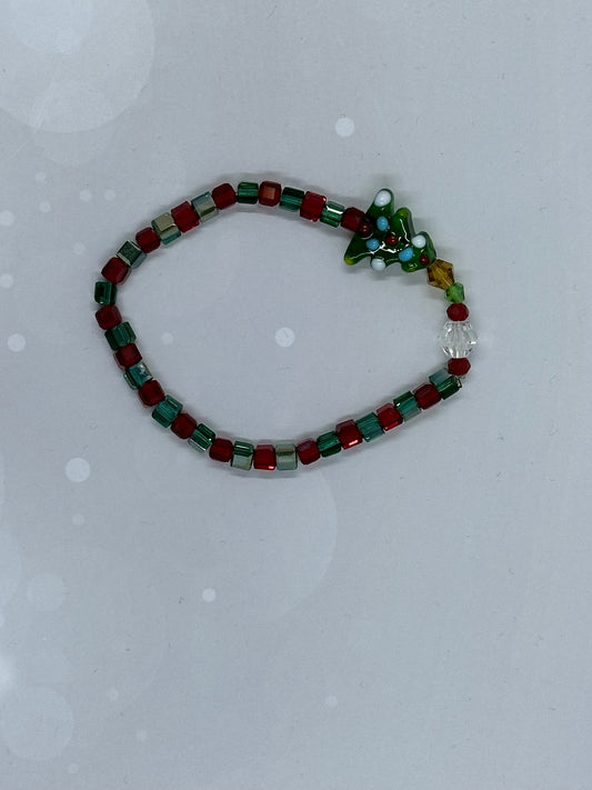 Holiday Cube Bead Bracelet with Christmas Tree Charm