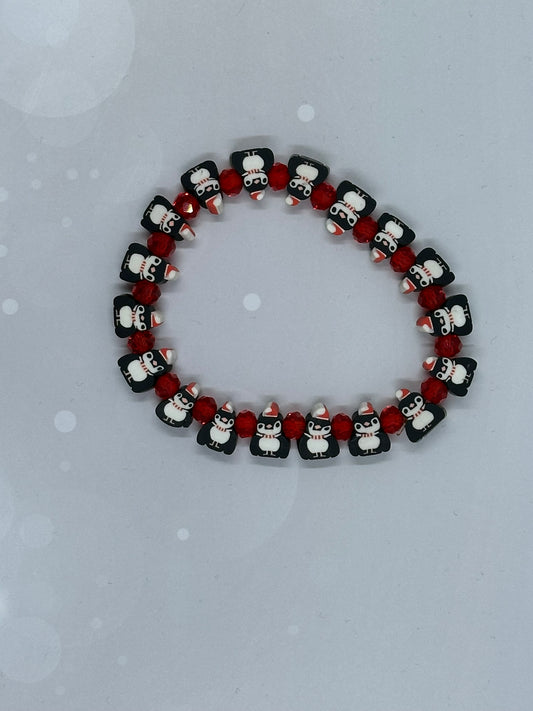 Cute Penguin Christmas Bracelet with Red Crystal Beads