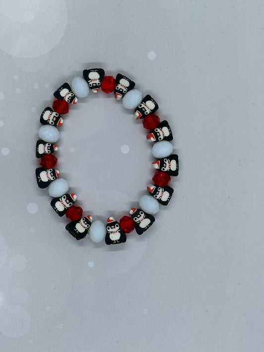 Christmas Penguin Bracelet – Handmade Beaded Holiday Jewelry, Cute Penguin Beads with Red & White Accents