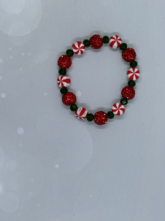 Peppermint Candy Christmas Bracelet – Festive Red Green Holiday Jewelry, Handmade Beaded Stretch Bracelet