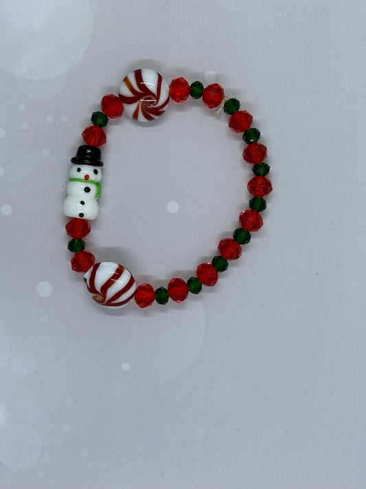 Snowman Christmas Bracelet – Handmade Holiday Jewelry with Peppermint Swirl Beads, Red & Green Festive Bracelet