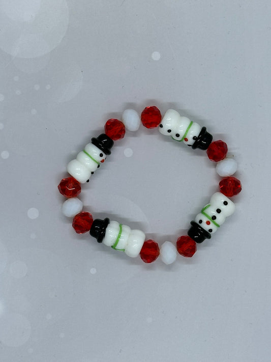 Snowman Beaded Christmas Bracelet – Handmade Holiday Jewelry with Snowman Beads, Red & White Festive Stretch Bracelet