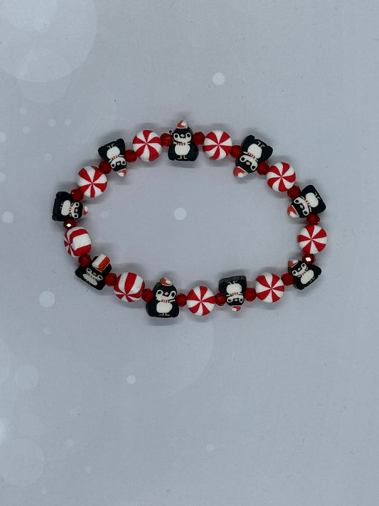 Peppermint & Penguin Holiday Beaded Bracelet