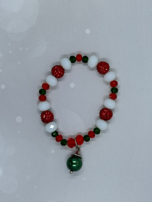 Christmas Ornament Charm Bracelet – Handmade Beaded Holiday Jewelry, Red Green White Stretch Bracelet