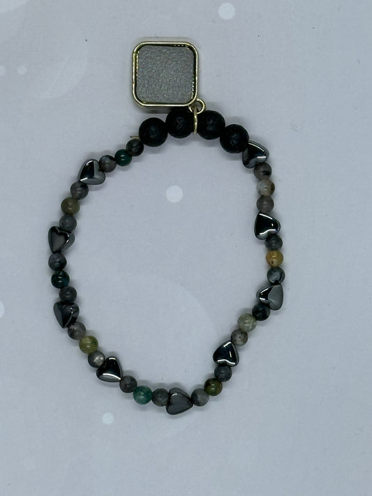 Handmade Gemstone Bracelet with 4mm Labradorite, Lava Beads & Hematite Hearts – Aromatherapy Diffuser Jewelry