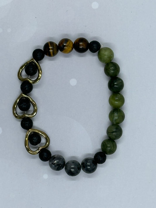 Handmade (8mm) Gemstone Bracelet with Tiger’s Eye, Green Jade, Lava Stone & Gold Heart Accents