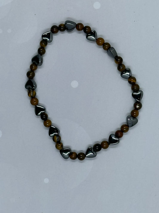 Tiger’s Eye (4mm) & Hematite Heart Bead Bracelet – Handmade Crystal Jewelry for Love & Strength