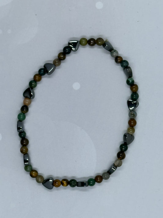 Multicolor Agate Natural Gemstone (4mm)& Hematite Heart Bracelet – Handmade Crystal Jewelry for Balance & Love
