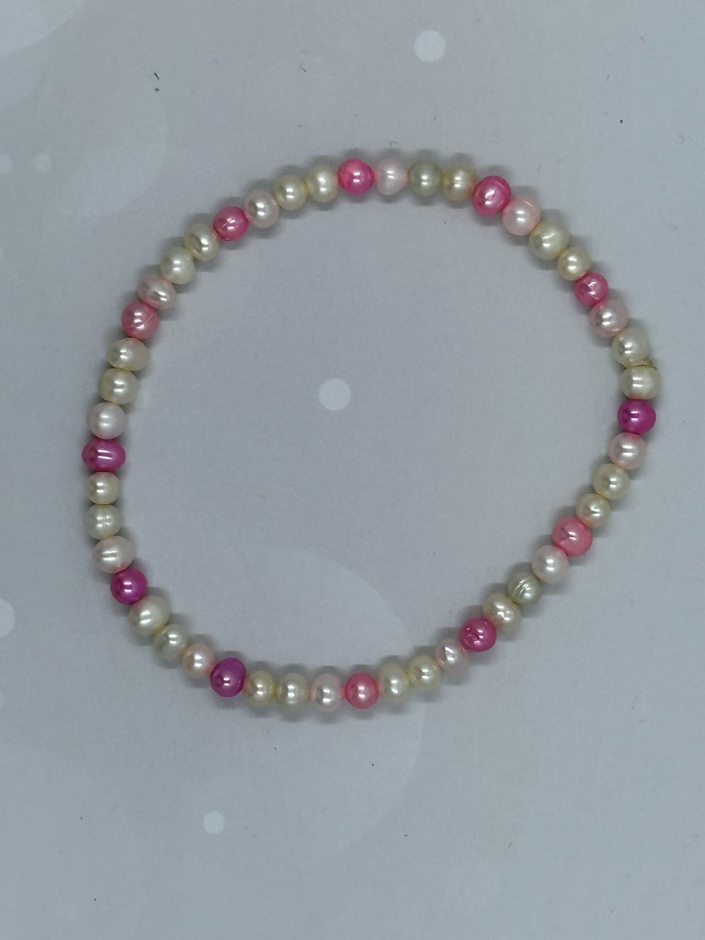 Handmade Pink and White Faux Pearl Beaded Stretch Bracelet