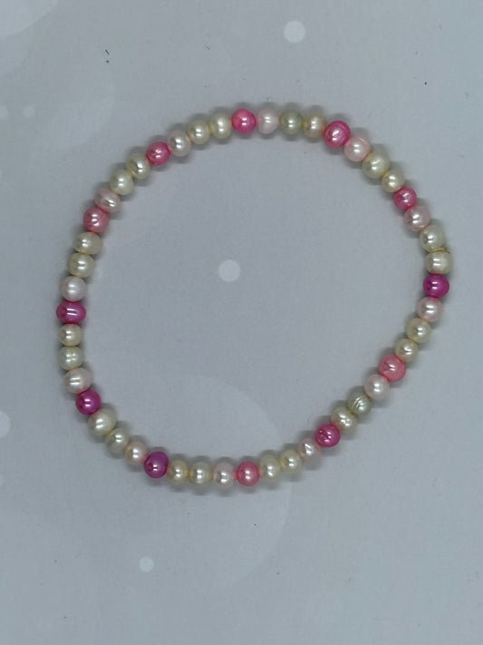 Handmade Pink and White Faux Pearl Beaded Stretch Bracelet
