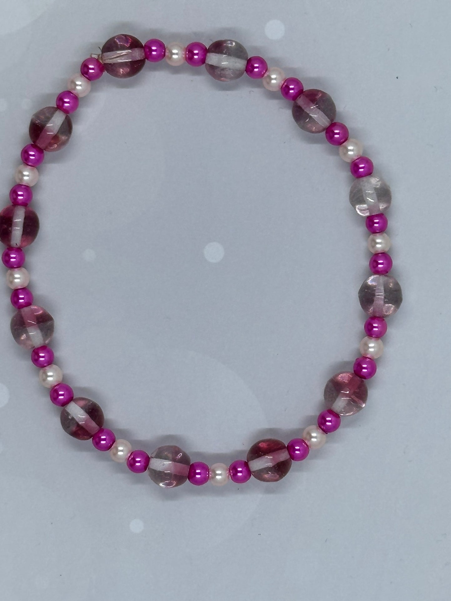 Handmade Pink Glass and Faux Pearl Beaded Stretch Bracelet