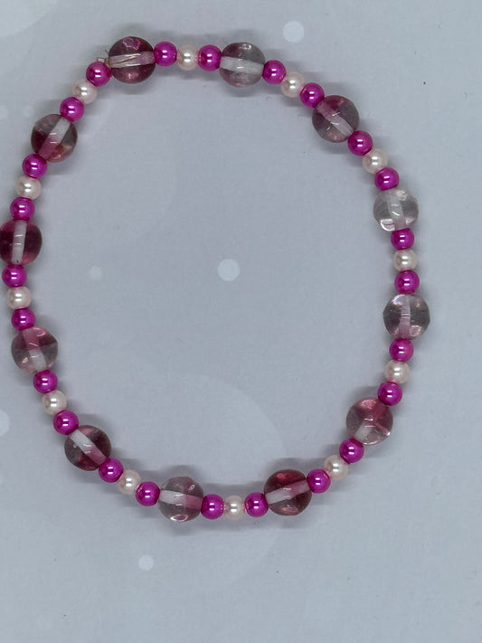 Handmade Pink Glass and Faux Pearl Beaded Stretch Bracelet