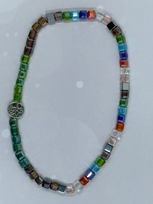 Colorful Cube Bead Bracelet with Tree of Life Charm – Boho Stretch Jewelry