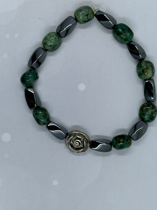 Green Jasper & Hematite Bracelet with Silver Rose Charm – Healing Crystal Jewelry for Balance & Strength