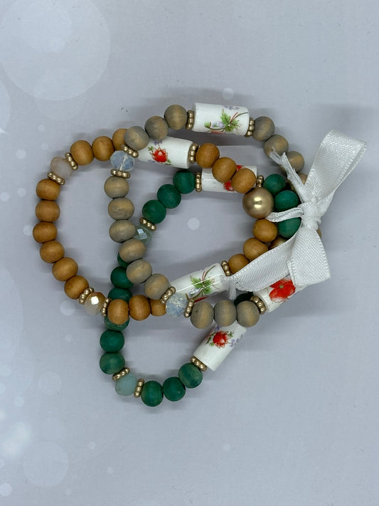 Rustic Wooden Bead Bracelet Set with Floral Ceramic Accents – Boho Chic Stacking Bracelets