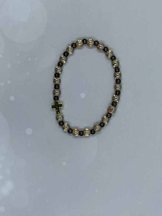 Brown Hematite (4mm) & Gold Glass(6mm)  Cross Bracelet – Strength, Faith & Balance