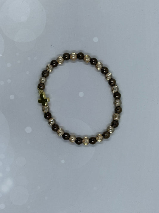 Brown Hematite (6mm) & Gold Glass(6mm)  Cross Bracelet – Strength, Faith & Balance