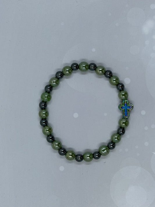 Green Jade (8mm) & Hematite(6mm) Bracelet with Iridescent Cross – Spiritual Healing Jewelry