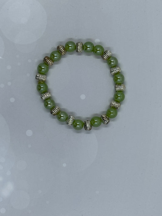 Green Jade (8mm) & Silver Ribbed Spacer Bracelet – Strength, Balance & Prosperity