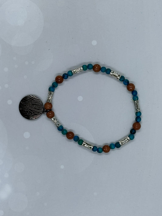 Handmade Turquoise (4mm) and Goldstone Beaded Bracelet with Silver Accents and Charm