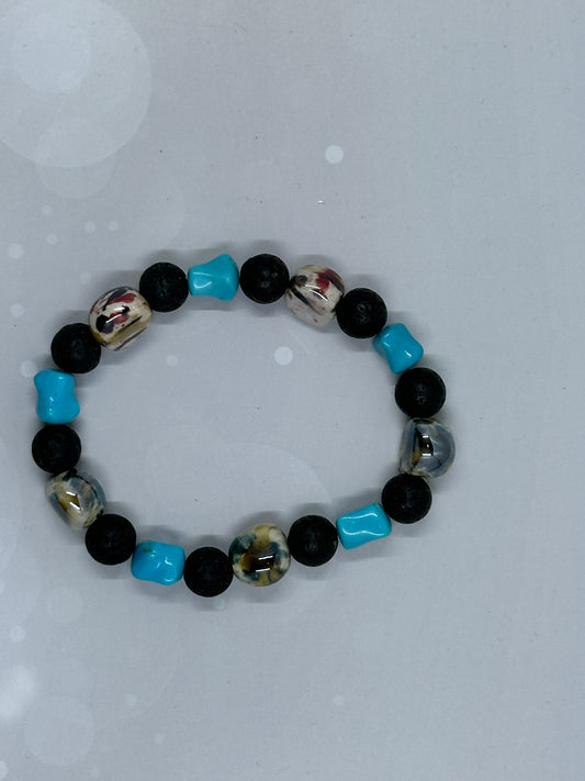 Handmade Lava Stone  (8mm) & Turquoise Beaded Bracelet with Ceramic Accents