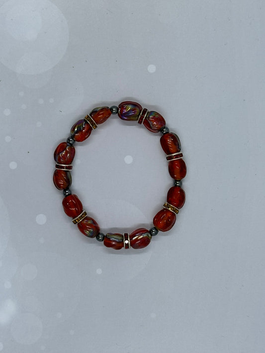 Fiery Red Glass Bead Bracelet with Metallic Spacers – Bold Statement Jewelry