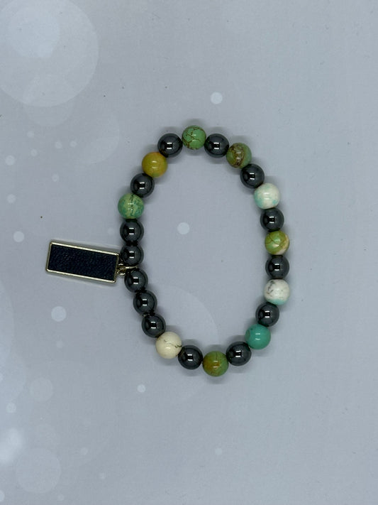 Amazonite (8mm) & Hematite Beaded Bracelet with Charm – Balance & Grounding Energy