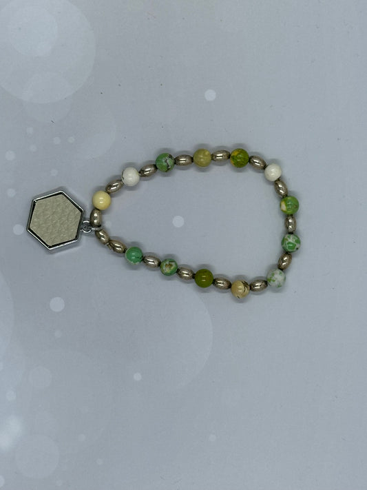Amazonite & Silver-Tone Bracelet with Cream Leatherette Charm – Handmade Gemstone Jewelry