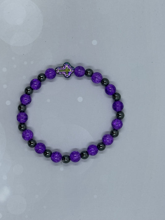Purple Crackle Quartz (8mm) & Hematite(6mm) Bracelet – Quatrefoil Cross Charm Healing Jewelry