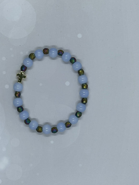 Blue Lace Agate & Hematite Bracelet – Gold Cross Charm Spiritual Jewelry