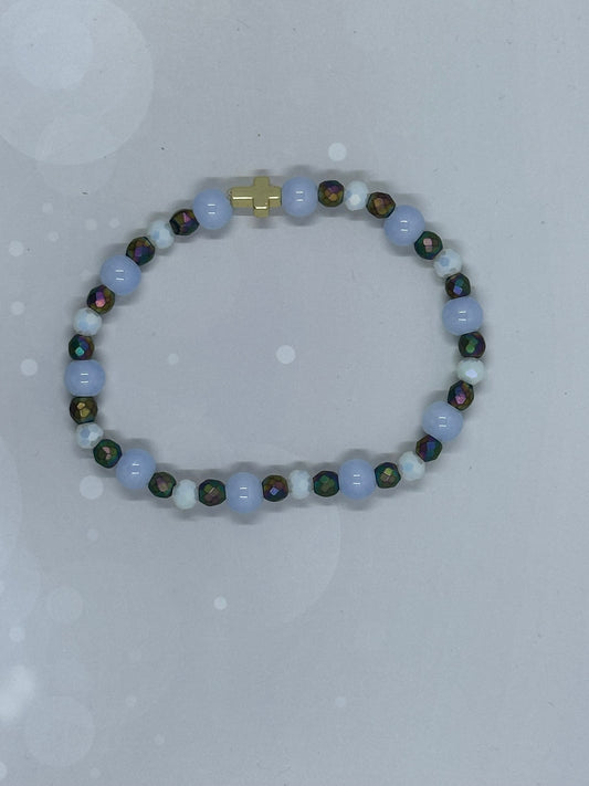 Blue Lace Agate, Hematite & Opalite Bracelet – Gold Cross Charm Spiritual Jewelry