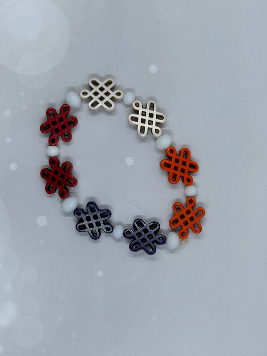 Colorblocked Endless Knot Bracelet — Ivory, Red, Orange & Purple Beads