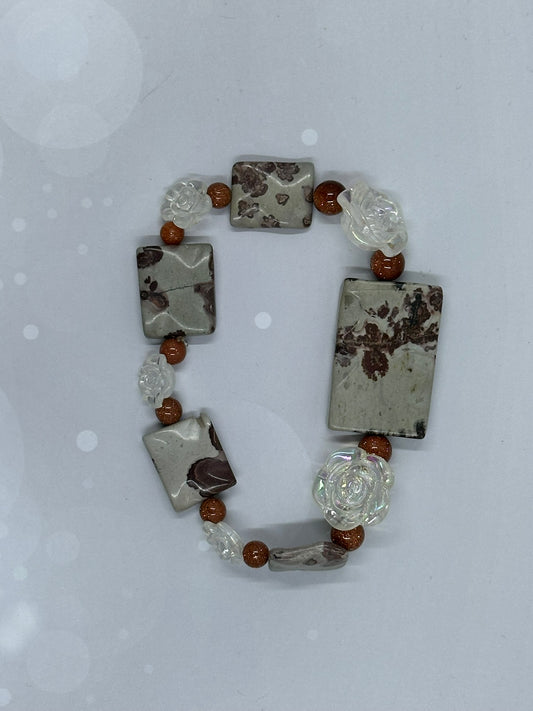 Picture Jasper & Goldstone Bracelet with Crystal Roses – Earthy Grounding Energy Jewelry