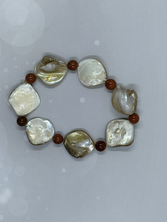 Mother of Pearl and Goldstone Bracelet – Natural Shell & Gemstone Jewelry