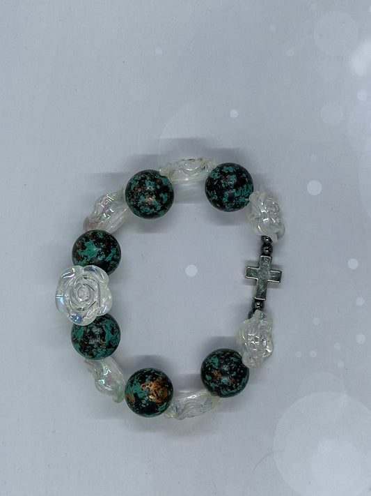 Turquoise-Style Gemstone Bracelet with Carved Crystal Roses and Silver Cross Accent