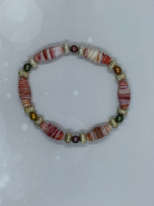 Striped Agate-Style Beaded Bracelet with Silver and faux Pearl Accents – Handmade Jewelry