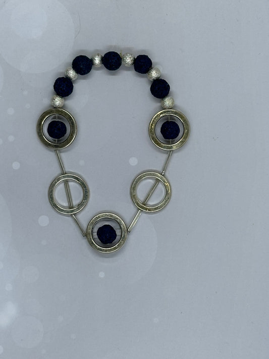 Blue Lava Stone & Silver Tone Geometric Bracelet – Unique Handmade Jewelry